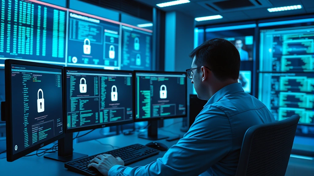 Photorealistic image of a security analyst examining encrypted data on multiple monitors in a modern cybersecurity operations center, showing lock icons and encryption indicators on screens, professional workspace with blue-tinted lighting