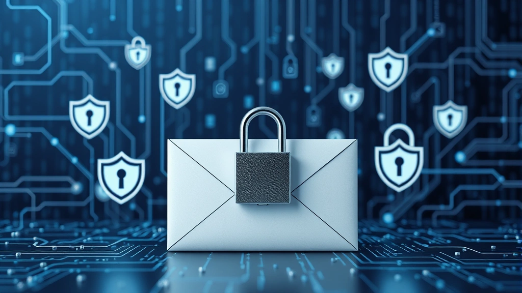 Photorealistic scene of a padlocked envelope surrounded by digital security elements, shield symbols, and encrypted data streams flowing in background, modern minimalist design with deep blues and silvers, no text or code visible