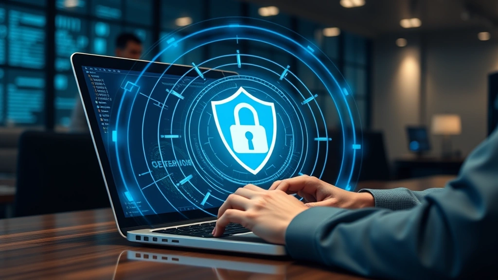 Photorealistic image of a person using a laptop with visible security features like biometric authentication, showing concentric security rings and protective digital barriers around the device, professional office environment with cybersecurity theme