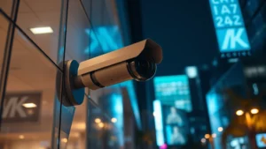 Professional security camera mounted on commercial building exterior, showing infrared illumination at night with clear 4K image quality, photorealistic detail