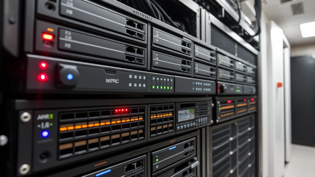 Network video recorder system with multiple hard drives, LED indicators, and Ethernet connections in climate-controlled server room, professional installation