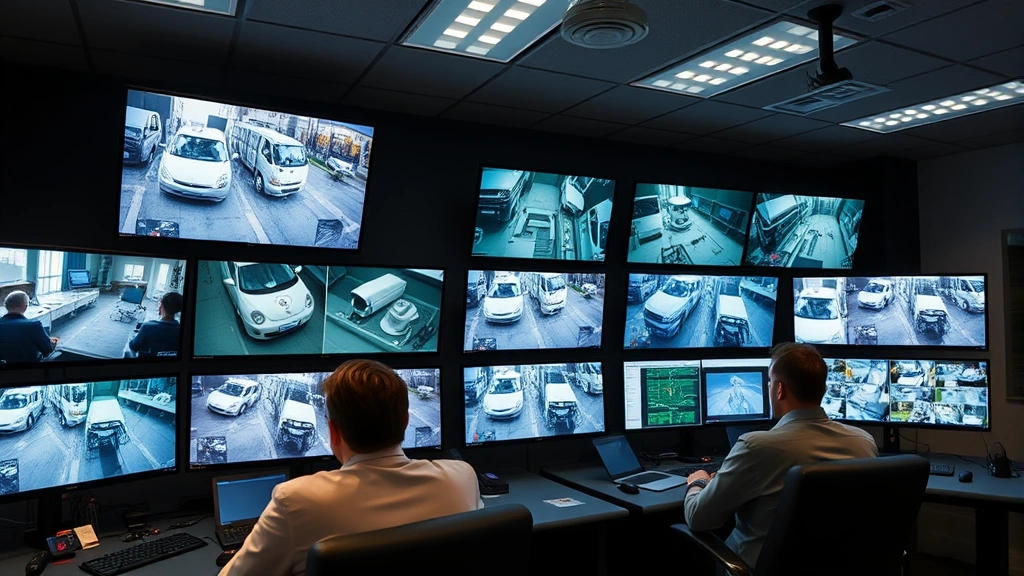 Security control room with multiple monitors displaying real-time camera feeds from different angles, operators monitoring 24-hour surveillance system