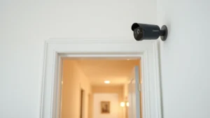 Professional wireless security camera mounted above apartment door frame, sleek modern design, mounted on white wall, showing clear view of hallway entrance with warm ambient lighting