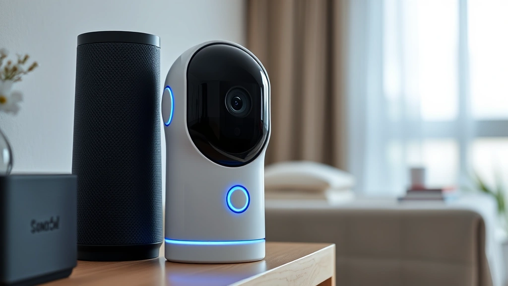 Compact smart security camera with LED indicator light, sitting on apartment shelf next to smart speaker, professional product photography style with blurred apartment background