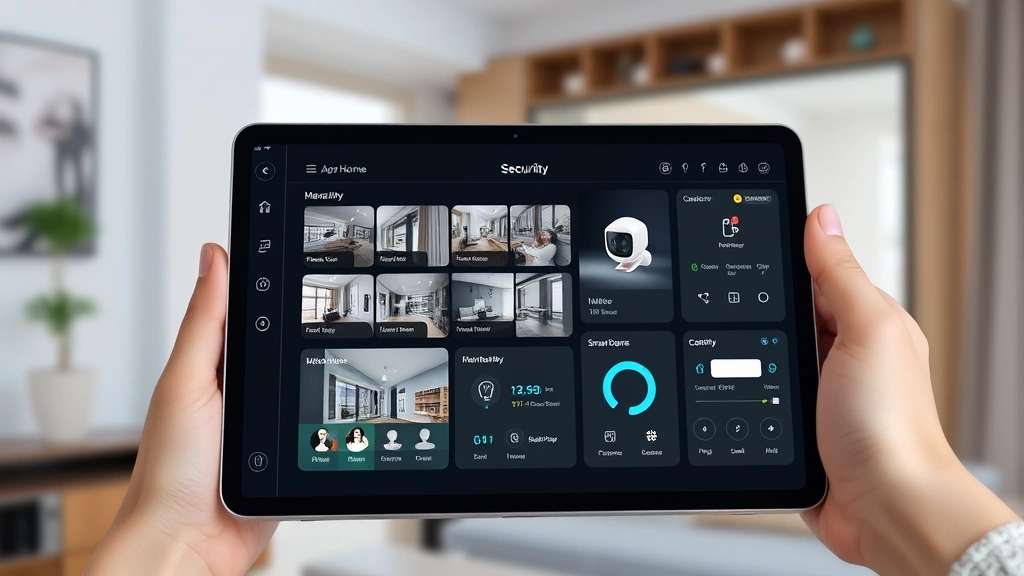 Apartment security system dashboard displayed on tablet screen showing multiple camera feeds, motion alerts, and smart home controls, modern minimalist interface design