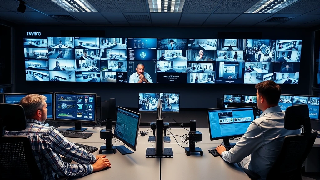 Professional security operations center with multiple monitors displaying live camera feeds, cybersecurity professionals monitoring surveillance data, modern command center environment with professional lighting and ergonomic workstations
