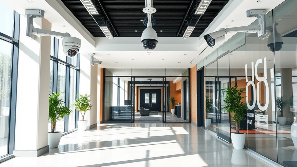 Business entrance area with professional IP security cameras mounted strategically, modern office lobby with clear sightlines, professional installation showing cable management and proper camera positioning for optimal coverage
