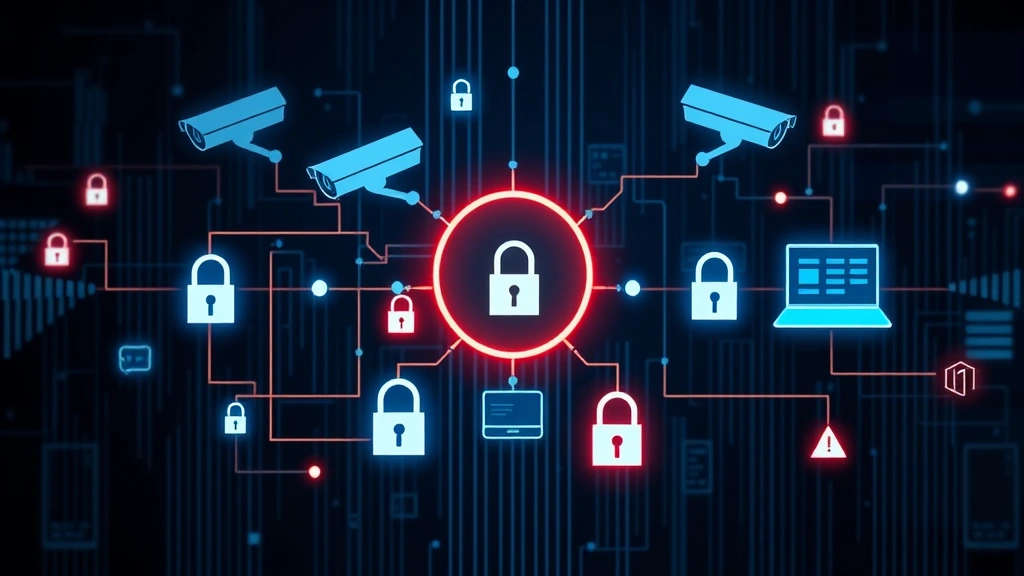 Cybersecurity threat visualization showing network diagram with security cameras connected, digital locks and encryption symbols, network security architecture protecting surveillance infrastructure with firewalls and access controls