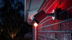 Professional security camera mounted on residential home exterior wall, nighttime scene with infrared illumination creating subtle red glow, wet surface from rain reflecting light, weatherproof housing visible, protective bracket secure against brick wall, realistic outdoor environment with trees and landscape blurred in background