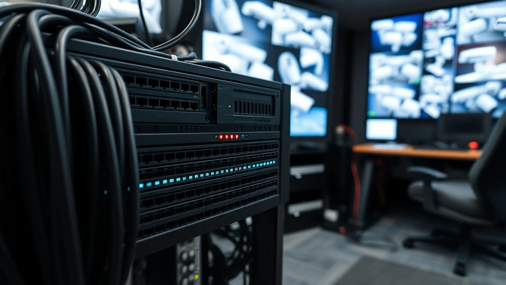 Network video recorder with multiple hard drives installed in professional security control room, rows of ethernet cables organized in management system, LED indicator lights glowing softly on front panel, multiple monitors displaying live camera feeds in background slightly out of focus, professional installation showing cable management and equipment organization