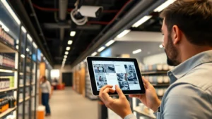 Small business owner reviewing security camera feeds on tablet in modern retail store with professional installation and PoE wiring visible, showing monitoring dashboard interface