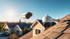 Professional security camera mounted on residential roofline overlooking suburban home exterior, showing advanced turret design with clear lens in afternoon sunlight