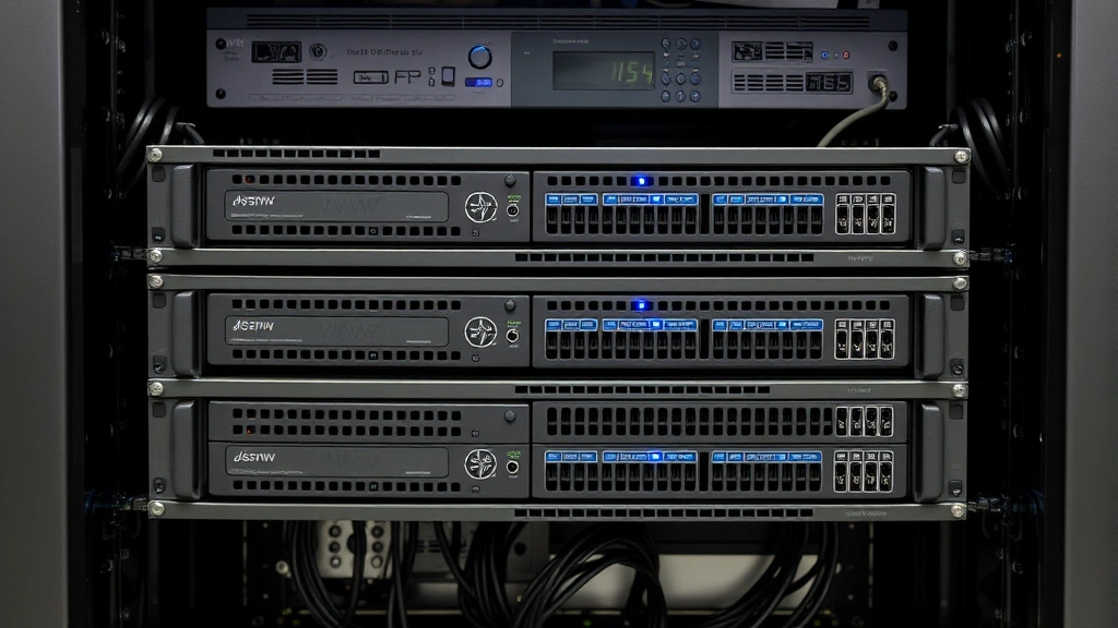 Network video recorder system with multiple hard drives visible through open panel, displaying LED indicators and professional cabling infrastructure in secure equipment rack