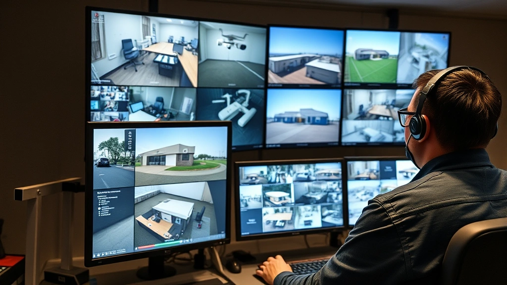 Technician monitoring security surveillance system on multiple high-resolution displays showing live camera feeds from various property angles in professional control room environment