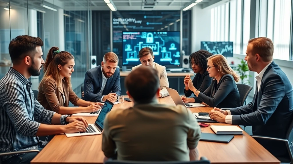Team of diverse cybersecurity professionals collaborating around a conference table during security briefing, reviewing threat reports and security strategies, modern corporate office with security-focused decor and technology visible in background