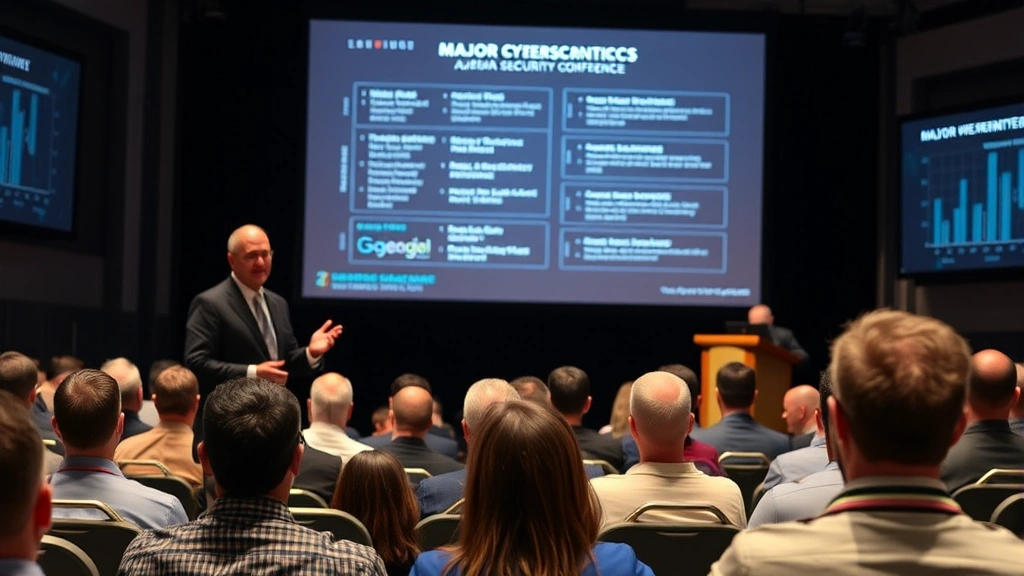 Senior security architect presenting at major cybersecurity conference stage with audience visible, professional presentation setting with technical slides projected, representing industry thought leadership and professional development opportunities