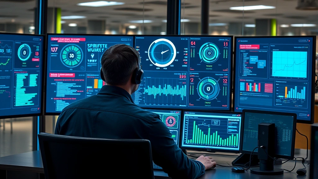 Cybersecurity professional monitoring multiple security dashboards with threat detection alerts on screens, showing network defense systems in action with data visualizations and security metrics, modern office environment
