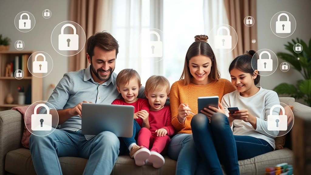 Family sitting together at home using multiple devices with visible security indicators like padlocks and encryption symbols in the background, representing safe digital practices and protected personal devices