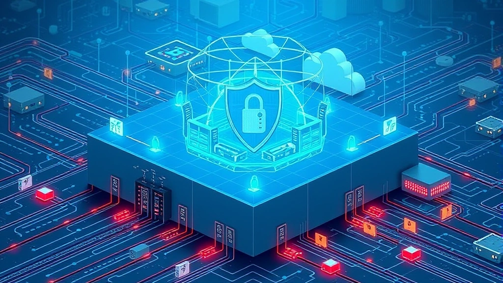 Network security infrastructure visualization showing interconnected security layers, firewalls, and protection mechanisms creating a fortress-like digital perimeter around protected systems and data