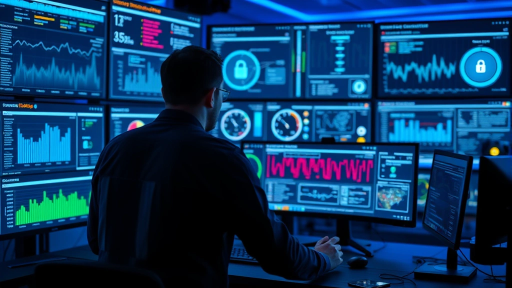 Professional cybersecurity analyst monitoring multiple digital security dashboards showing network activity, threat detection systems, and data protection metrics in a modern secure operations center with ambient blue lighting