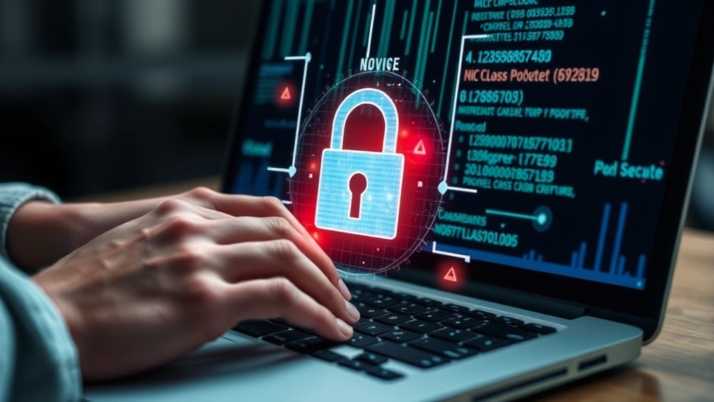 Close-up of hands typing on laptop keyboard with digital security padlock and encrypted data visualization overlaying the screen, representing secure data transmission and protection protocols
