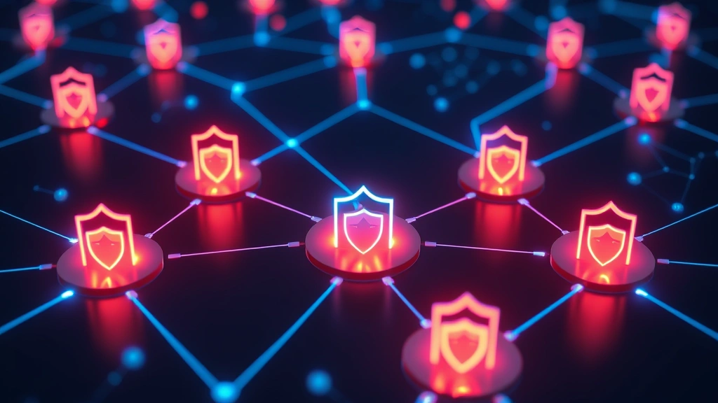 Network security infrastructure visualization showing interconnected nodes with protective shields and firewall barriers protecting sensitive data centers, with blue light trails indicating secure data flow