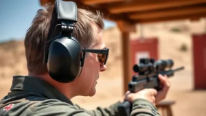 Professional shooter at outdoor range wearing advanced electronic earmuffs and protective gear, focused on target, sunny conditions, clear detail of hearing protection equipment