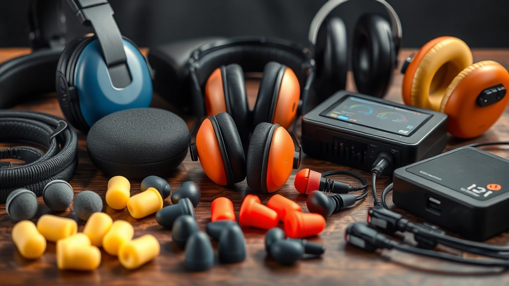 Close-up of various hearing protection products arranged on table including foam earplugs, passive earmuffs, and electronic systems, professional lighting showing product details