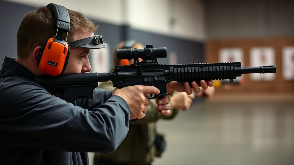 Competitive shooter in controlled environment demonstrating proper hearing protection fit and positioning, concentration visible, indoor range setting with professional appearance