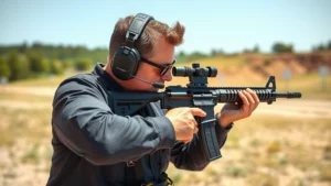 Professional shooter at outdoor range wearing electronic earmuffs with microphone, holding rifle at ready position, clear sunny day, detailed equipment visible but no text or identifiers