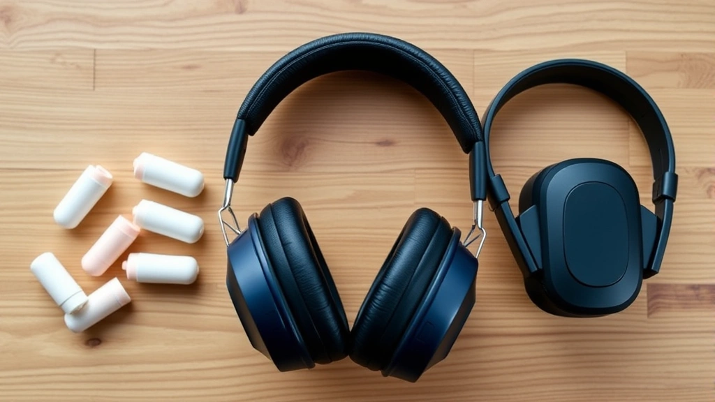 Close-up comparison of three different types of ear protection devices arranged on wooden surface: foam earplugs, passive earmuffs, and electronic earmuffs, professional lighting showing product details