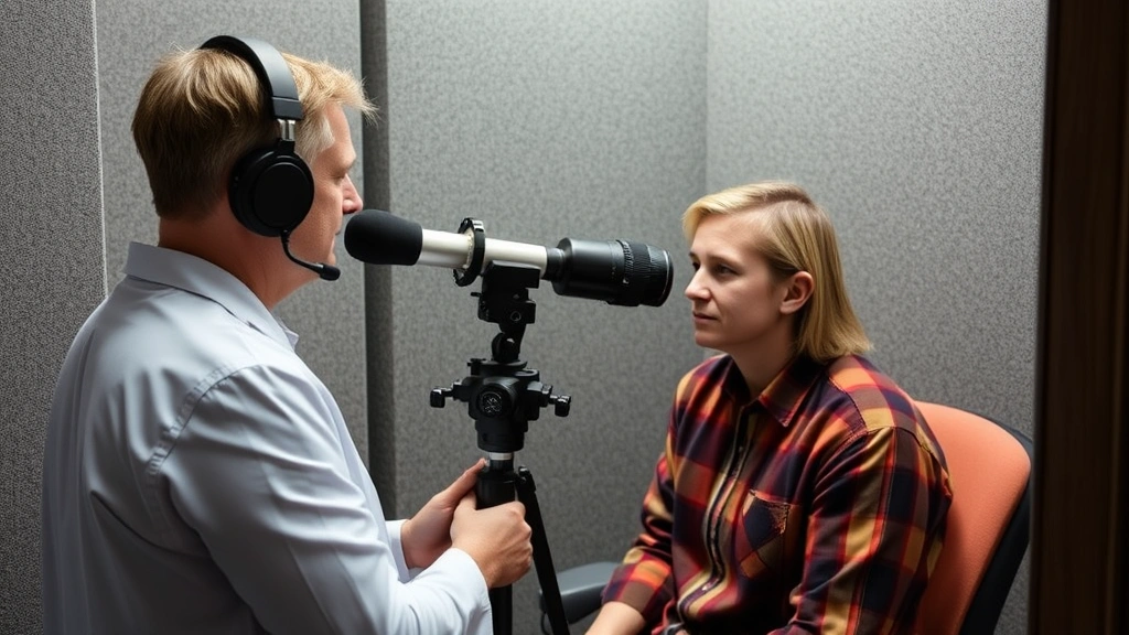 Audiologist performing hearing test on patient in soundproof booth with professional testing equipment, showing importance of hearing health monitoring for shooting enthusiasts