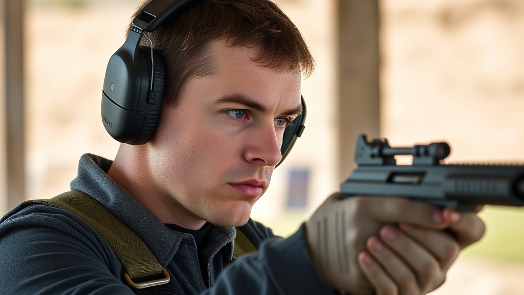 Professional shooter at outdoor range wearing foam earplugs and over-ear earmuffs, protective gear clearly visible, focused expression, natural daylight, no text visible