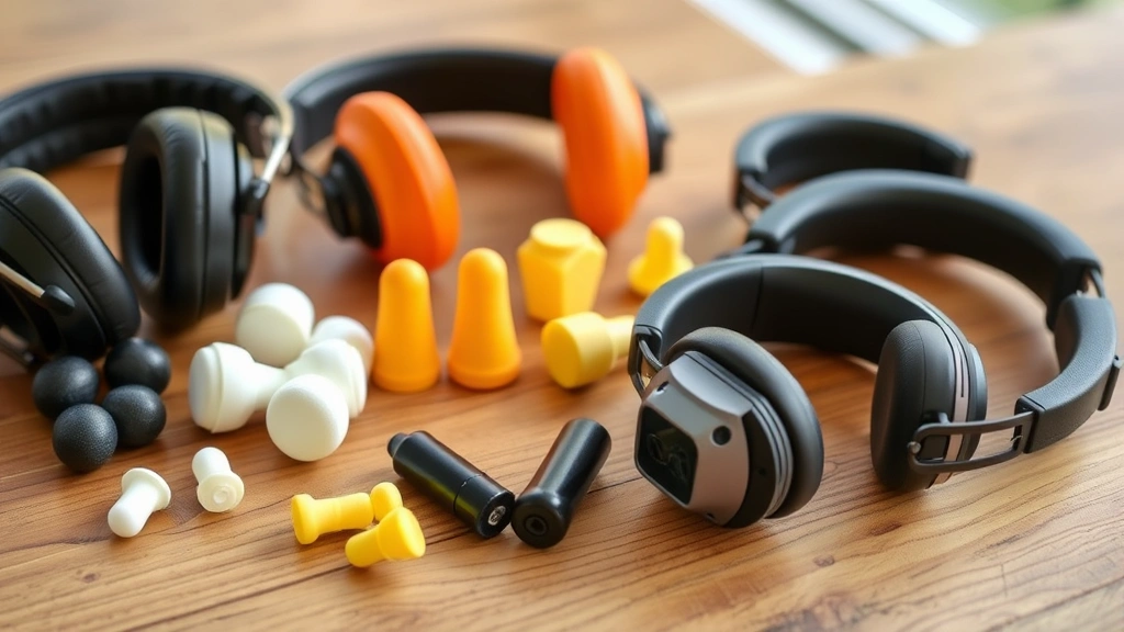 Close-up of various hearing protection options displayed on wooden table: foam earplugs, custom-molded plugs, electronic earmuffs, and passive earmuffs arranged professionally, natural lighting