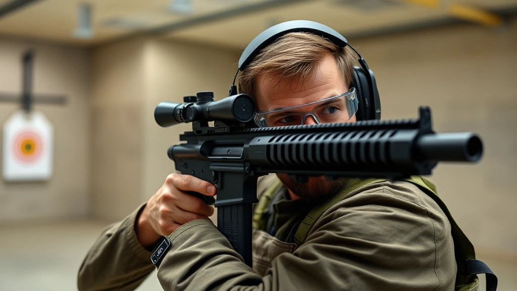 Tactical shooter in indoor range facility wearing electronic level-dependent earmuffs and safety glasses, demonstrating proper protective equipment fit, concentrated posture, professional environment