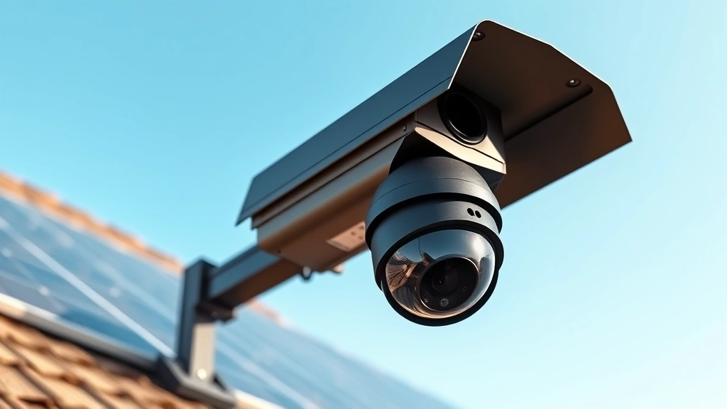 Professional solar security camera mounted on residential rooftop with clear sky background, photorealistic daytime photography, showing modern black camera design and solar panel array