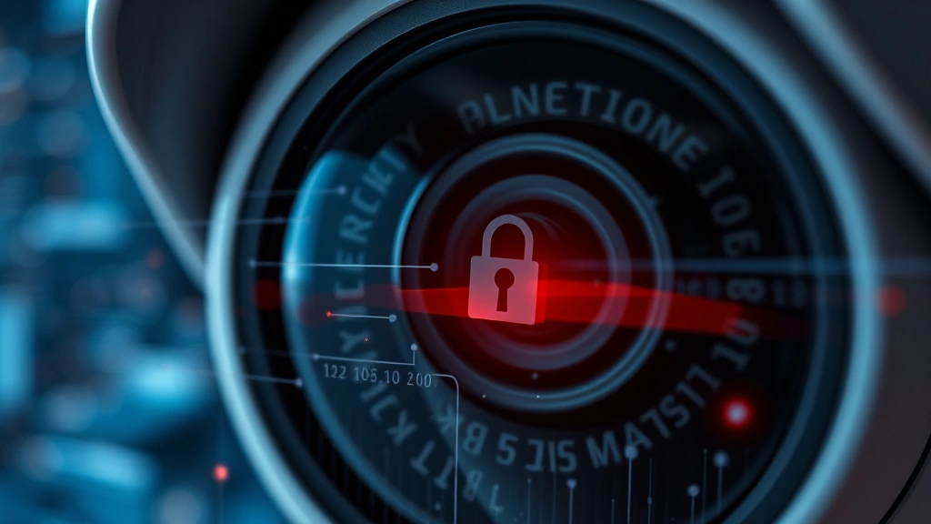 Close-up detail of security camera lens with subtle network security visualization overlay, highlighting encryption and data protection concepts without visible text or code