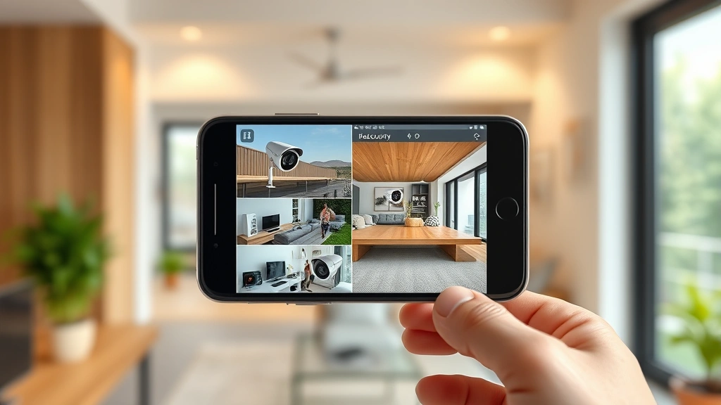 Modern home security system control interface displayed on smartphone screen showing camera feeds and security status, photorealistic mobile device display in natural lighting