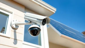Professional solar security camera mounted on modern residential house exterior with clear blue sky background, showing the solar panel and camera lens in detail, photorealistic quality, no text or labels