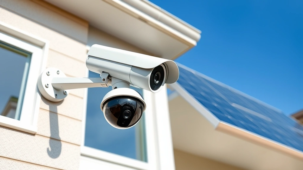 Professional solar security camera mounted on modern residential house exterior with clear blue sky background, showing the solar panel and camera lens in detail, photorealistic quality, no text or labels