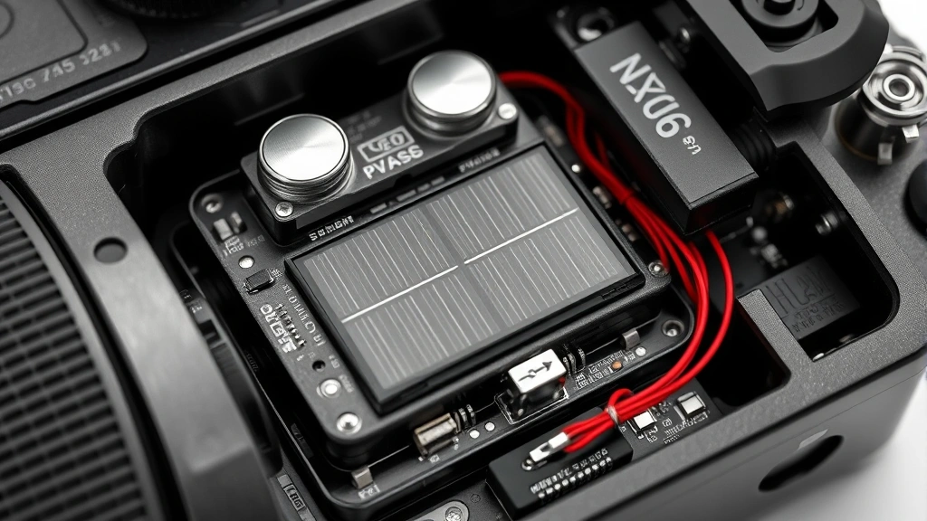 Close-up of solar camera battery and charging system components, showing internal electronics and power management circuitry in a secure enclosure, technical yet accessible visualization, photorealistic rendering