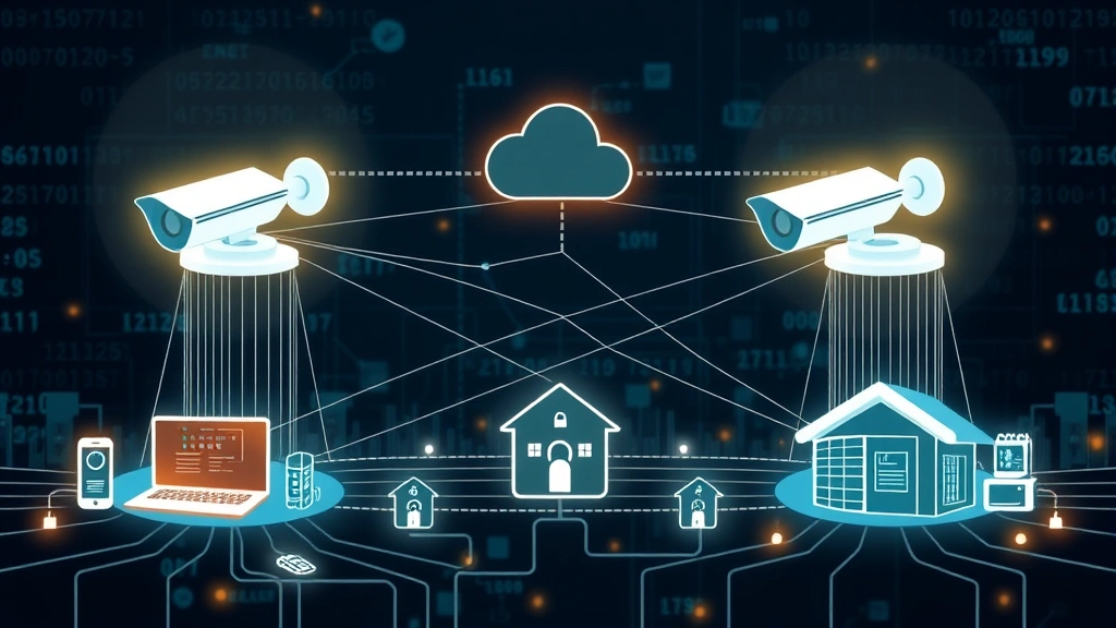 Secure network infrastructure diagram visualization with interconnected devices and encrypted data flows, showing how solar cameras integrate into smart home security ecosystems, modern cybersecurity aesthetic, no code or terminal windows