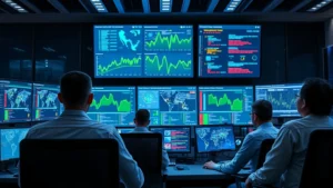 Professional cybersecurity team monitoring multiple security dashboards in modern operations center, displaying network traffic analysis and threat detection systems in real-time, blue and amber warning indicators visible on screens, focused technicians at workstations, professional office environment with sophisticated security infrastructure