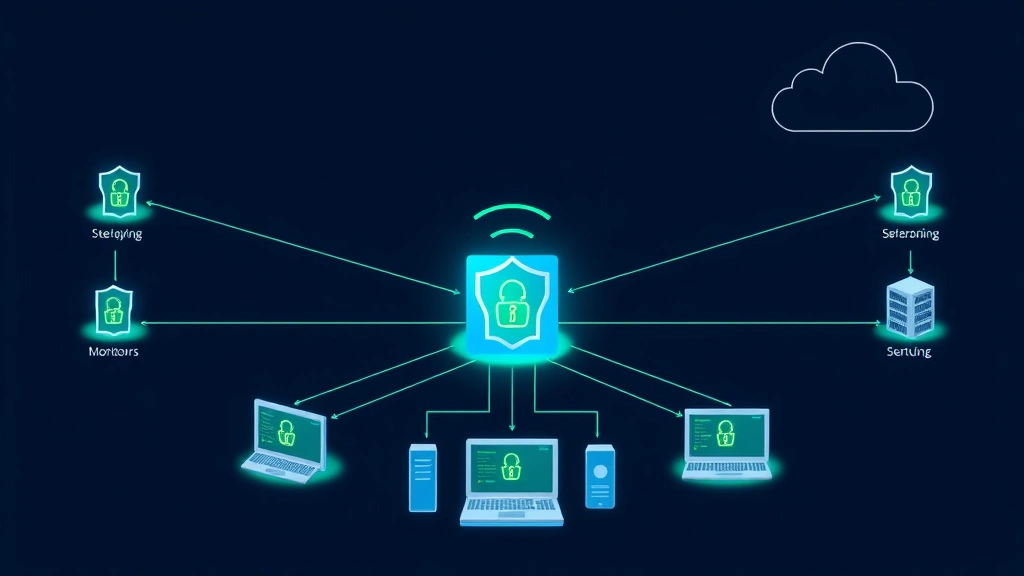 Modern enterprise security architecture diagram showing interconnected security systems, firewalls, servers, and monitoring stations, sleek professional design with security nodes communicating across network, blue and green color scheme representing active protection, clean minimalist technical visualization without terminal windows or code