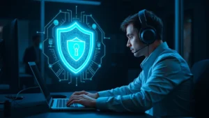 Person wearing headphones at desk with laptop, glowing cybersecurity shield hologram floating above keyboard, dark modern office, blue and green digital light accents, professional focus on screen security