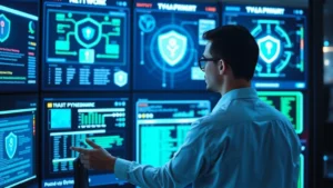 Professional cybersecurity analyst reviewing network security dashboard with multiple monitoring screens showing data protection systems, glowing holographic threat detection interfaces, modern tech environment with blue and green security visualizations