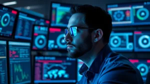 Professional cybersecurity analyst monitoring network security dashboard with blue light reflecting on face, surrounded by multiple screens showing threat detection systems, office environment, realistic lighting