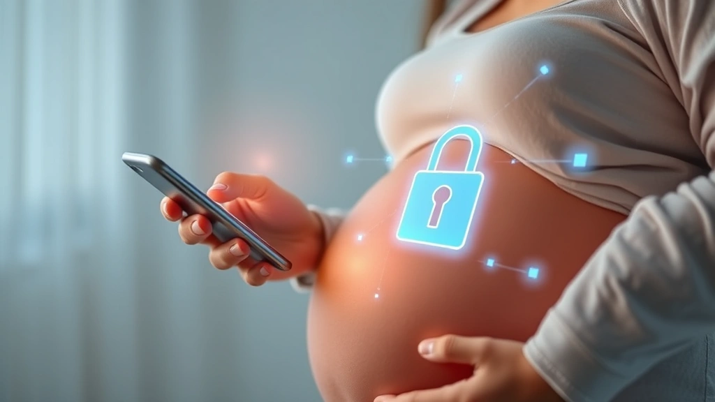 Pregnant woman using smartphone with padlock security symbol overlay, digital protection concept, modern healthcare technology, soft lighting, peaceful expression