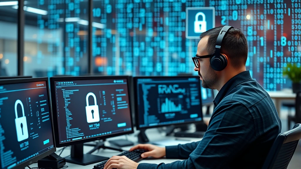 Cybersecurity professional analyzing encrypted data on multiple monitors with digital lock symbols and binary code in background, modern office environment, photorealistic