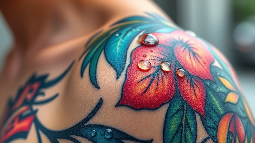 Close-up of vibrant multicolored tattoo on shoulder with water droplets, showing detailed ink pigments and skin texture in natural daylight, photorealistic